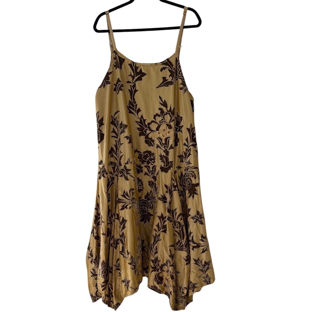 Krista Larson Silk Burnout Velvet Floral Handkerchief Hem Slip Dress Gold Brown